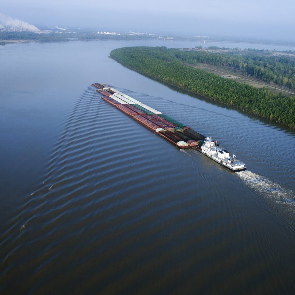 America's Longest Rivers, Aerial of barge on Mississippi River in Baton Rouge, Louisiana